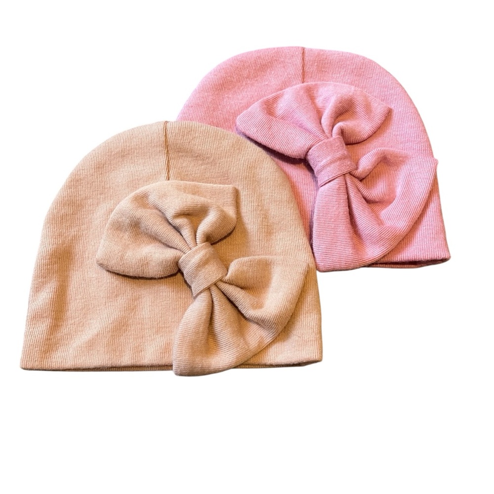 Gerber Pink and Tan Bow Beanie Set